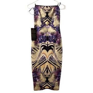 Bebe Strapless Bodycon Dress XS Purple Cream Floral Print NWT Stretch Flattering